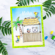 Sunny Studio Aloha Koala with Parrots at Tiki Bar Tropical Island Themed Summer Card (using Tiki Time 4x6 Clear Stamps)