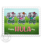 Sunny Studio Happy Hula Day Punny Hawaiian Dancing Elephants Scalloped Card (using Tiki Time 4x6 Clear Stamps)