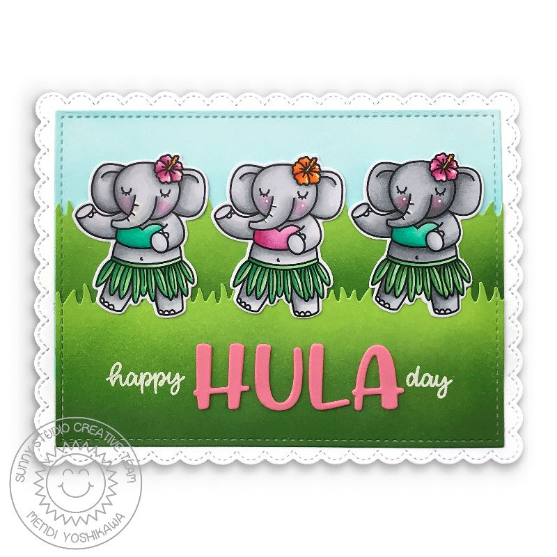 Sunny Studio Stamps Happy Hula Day Punny Hawaiian Elephants Dancing Card (using Chloe Alphabet Metal Cutting Dies)