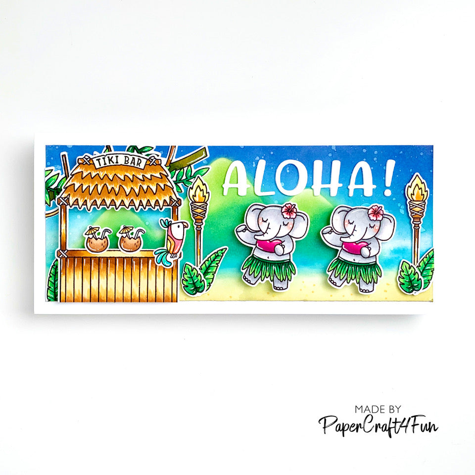 Sunny Studio Elephant with Parrot, Tiki Bar & Coconut Drinks Slimline Aloha Card (using Tiki Time Stamps)