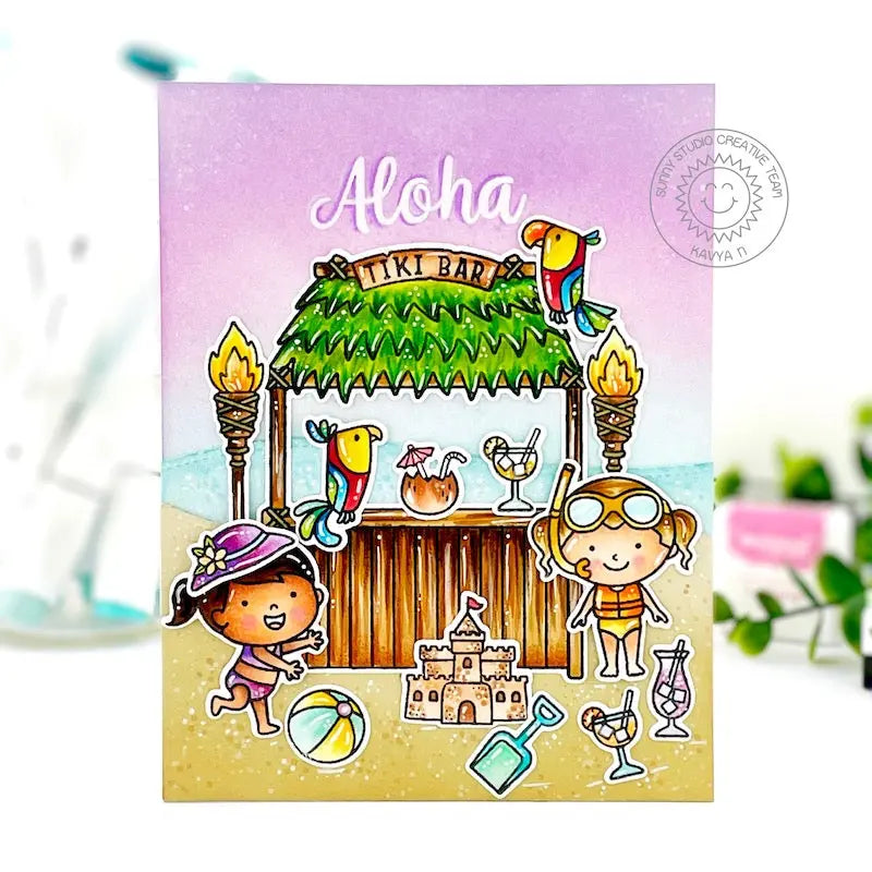 Sunny Studio Kids Playing on Beach With Parrots, Sand Castle & Tiki Bar Aloha Card (using Beach Babies 4x6 Clear Stamps)