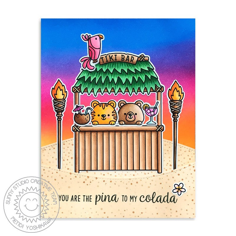 Sunny Studio You Are The Pina To My Colada Bear & Tiger at Tiki Bar & Light Up Tiki Torches Card using Beach Buddies Stamps
