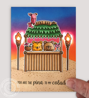 Sunny Studio You Are The Pina To My Colada Bear & Tiger at Tiki Bar with Light Up Tiki Torches Interactive Chibitronics Card (using Tiki Time Clear Stamps)