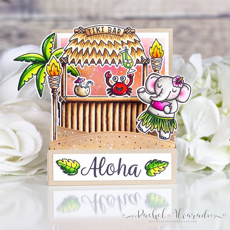 Sunny Studio Aloha Elephant & Crab with Tiki Bar & Palm Trees Pop-up Box Summer Card (using Tiki Time Stamps)