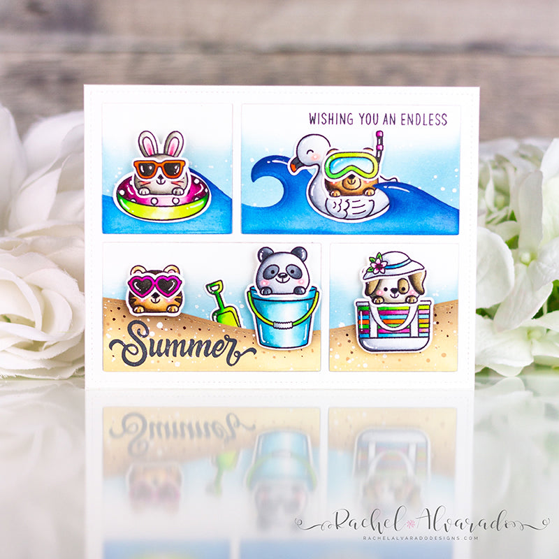 Sunny Studio Stamps Wishing You An Endless Summer Animals playing in sand & water Card (using Comic Strip Speech Bubbles Metal Cutting Dies)