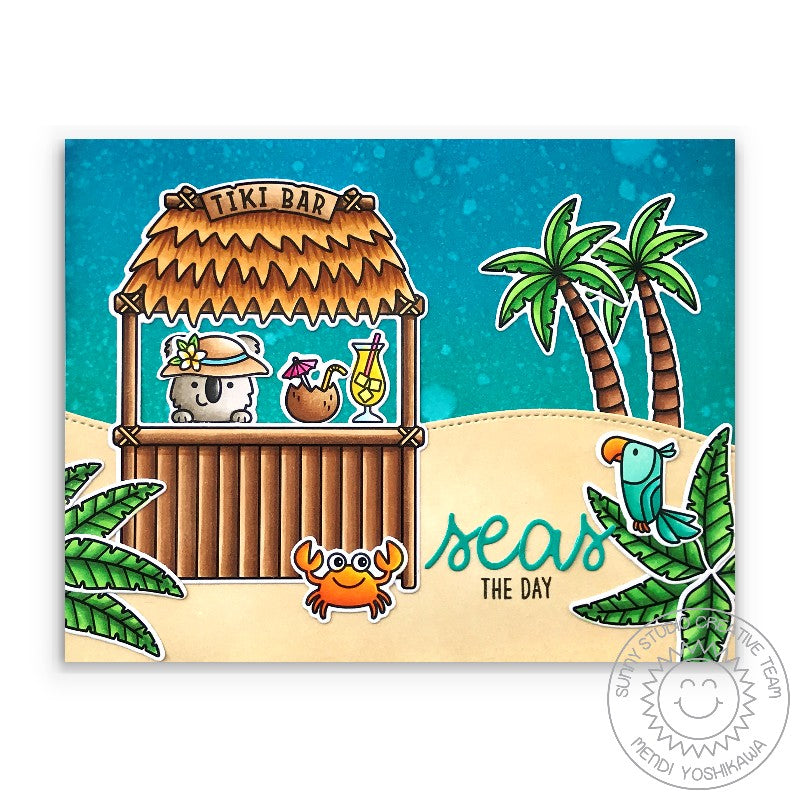 Sunny Studio Koala Seas The Day Punny Tropical Tiki Bar Summer Card (using Beach Buddies 4x6 Clear Stamps)