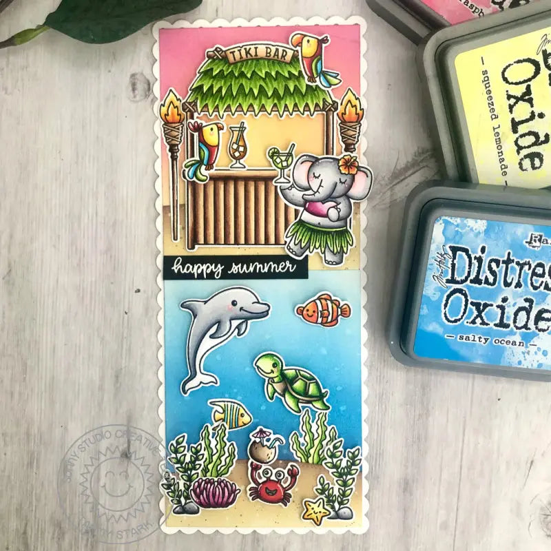 Sunny Studio Tiki Bar on the Beach with Dolphin, Turtle, Crab & Fish Slimline Tropical Summer Card (using Oceans of Joy Clear Stamps)