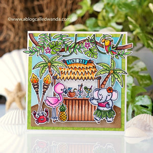 Sunny Studio Tropical Themed Tiki Bar with Flamingo and Hula Girl Elephant Square Card by Wanda Guess (using Tiki Time Clear Stamps)
