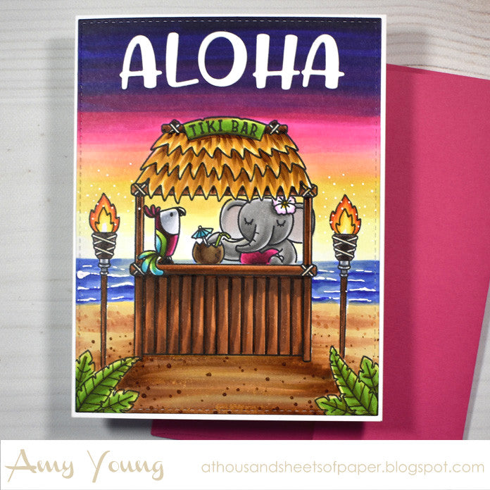 Sunny Studio Beach Tiki Bar with Torches near Ocean at Sunset Card (using Tiki Time 4x6 Clear Stamps)