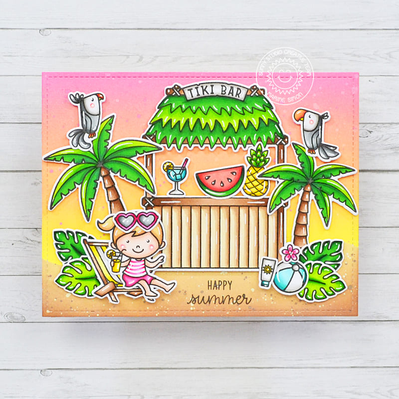 Sunny Studio Girl Sitting in Beach Chair with Birds & Tiki Bar on the Beach Happy Summer Card (using Tiki Time 4x6 Clear Stamps)