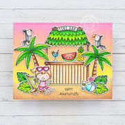 Sunny Studio Girl Sitting in Beach Chair with Birds & Tiki Bar on the Beach Happy Summer Card (using Kiddie Pool 4x6 Clear Stamps)