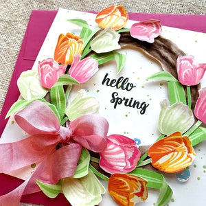 Sunny Studio Hello Spring Layered Tulip Floral Wreath Card (using Timeless Tulips 4x6 Layering Clear Photopolymer Stamps)