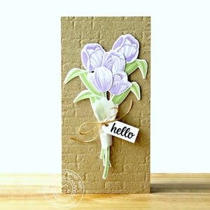 Sunny Studio Lavender Layered Tulips Spring Bouquet Hello Handmade Card using Timeless Tulips 4x6 Clear Layering Stamps