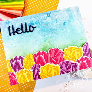 Sunny Studio Stamps Hello Spring Tulip Flowers Field Watercolor Floral Card (using Hayley Uppercase Alphabet Cutting Dies)