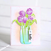 Sunny Studio Layered Lilac Tulips in Canning Jar Hello Spring Handmade Card using Timeless Tulips 4x6 Clear Layering Stamps