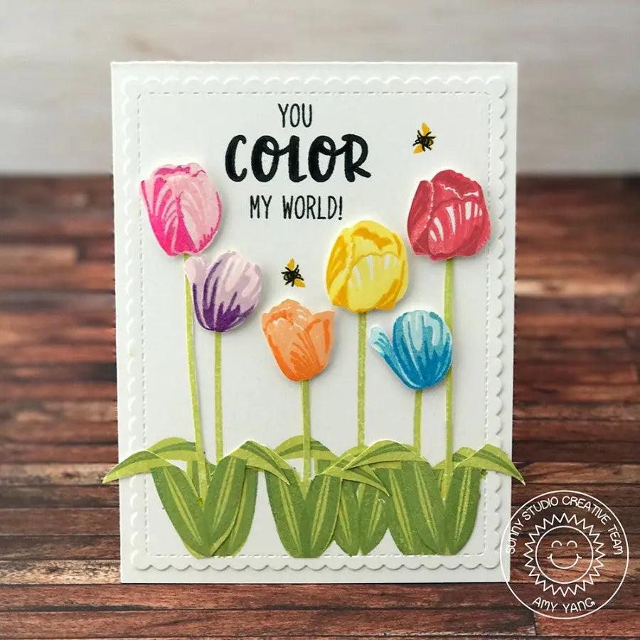 Sunny Studio Stamps You Color My World Bees with Timeless Tulips Rainbow Card