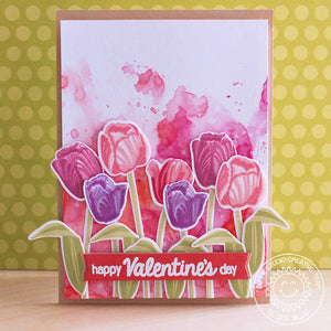 Sunny Studio Pink & Lavender Layered Tulips Watercolor Valentine's Day Card using Timeless Tulips 4x6 Clear Layering Stamps