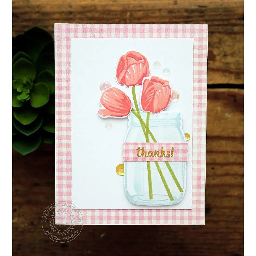 Sunny Studio Pink Gingham Tulips in Canning Jar Thank You Card (using Vintage Jar 3x4 Clear Stamps)