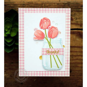 Sunny Studio Stamps Peach Gingham Layered Tulips & Jar Spring Thank You Card using Timeless Tulips 4x6 Clear Layering Stamps