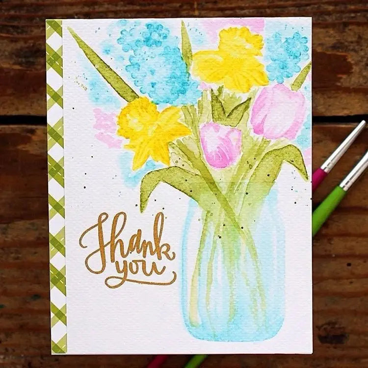 Sunny Studio Tulips & Daffodils in Jar Watercolor Thank You handmade Card by Vanessa Menhorn (using Vintage Jar Stamps)