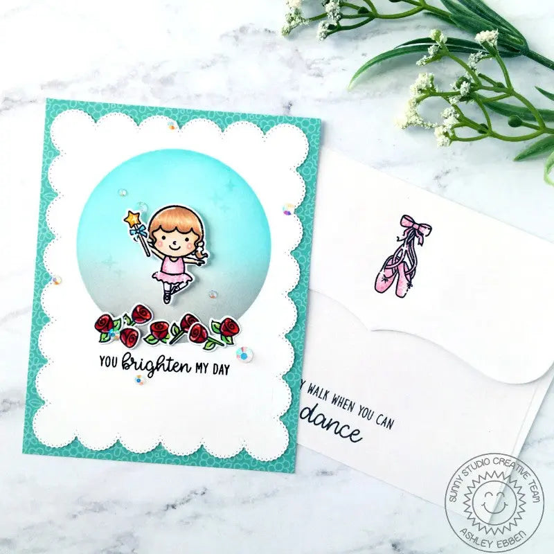 Sunny Studio Stamps Why Walk When You Can Dance Ballerina with Roses & Ballet Slippers Handmade Card (using Tiny Dancers 4x6 Clear Photopolymer Stamp Set)