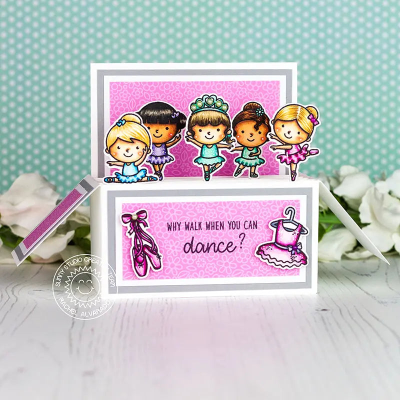 Sunny Studio Why Walk When You Can Dance? Ballet Ballerinas Pop-up Box Card (using Tiny Dancers 4x6 Clear Stamps)