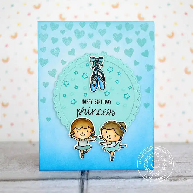 Sunny Studio Stamps Cascading Hearts Blue Tone on Tone Background Ballet Card by Lexa Levana