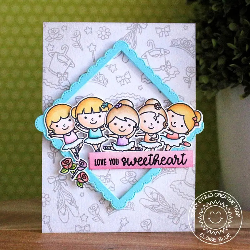 Sunny Studio Love You Sweet Heart Ballerina Girls Card (using Tiny Dancers 4x6 Clear Stamps)