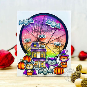 Sunny Studio Trick or Treat Costumed Critters, Spider Web & Haunted House Halloween Card using Too Cute To Spook Clear Stamp