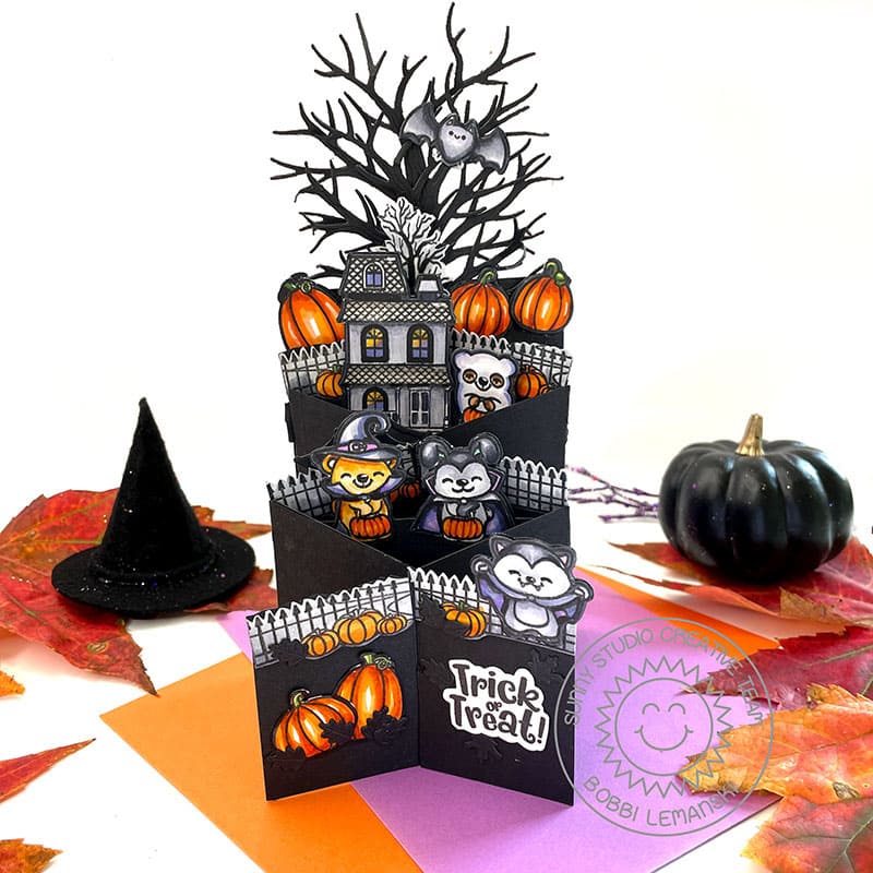 Sunny Studio Stamps Halloween Critters with Haunted House Zigzag Stretch Card (using Autumn Tree Metal Cutting Dies)