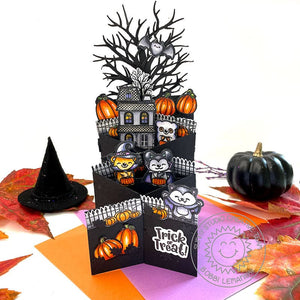 Sunny Studio Halloween Critters with Haunted House Zigzag Stretch Card (using Too Cute To Spook 4x6 Clear Stamps)