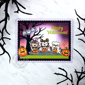 Sunny Studio Costume Critters, Bats, Spooky Tree & Pumpkins Halloween Moon Card (using Too Cute To Spook Clear Stamps)