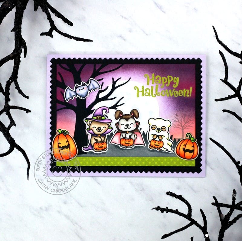 Sunny Studio Stamps Costume Critters, Bats & Pumpkins Halloween Moon Card (using Autumn Tree Metal Cutting Die)