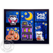 Sunny Studio Trick or Treat Cat Dracula & Teddy Bear Ghost Halloween Pumpkin Card (using Too Cute To Spook 4x6 Clear Stamps)