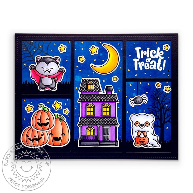Sunny Studio Stamps Trick or Treat Critters with Haunted House, Moon & Pumpkins Halloween Card (using Comic Strip Everyday Dies)