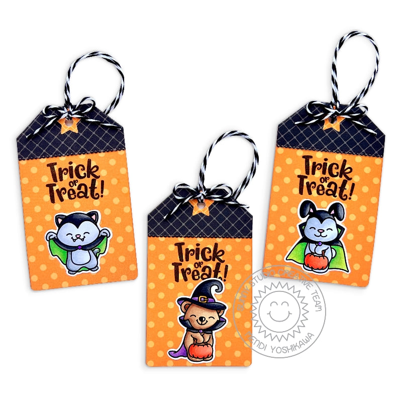 Sunny Studio Orange Polka-dot Trick or Treat Costumed Critters Halloween Gift Tags using Too Cute To Spook 4x6 Clear Stamps