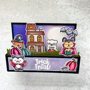 Sunny Studio Trick or Treat Costumed Critters & Haunted House Pop-up Halloween Card (using Too Cute To Spook Clear Stamps)