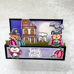 Sunny Studio Trick or Treat Costumed Critters & Haunted House Pop-up Halloween Card (using Too Cute To Spook Clear Stamps)