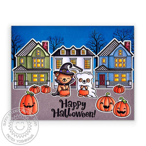 Sunny Studio Costumed Critters Trick or Treating in Neighborhood Halloween House Card (using Too Cute To Spook Clear Stamps)