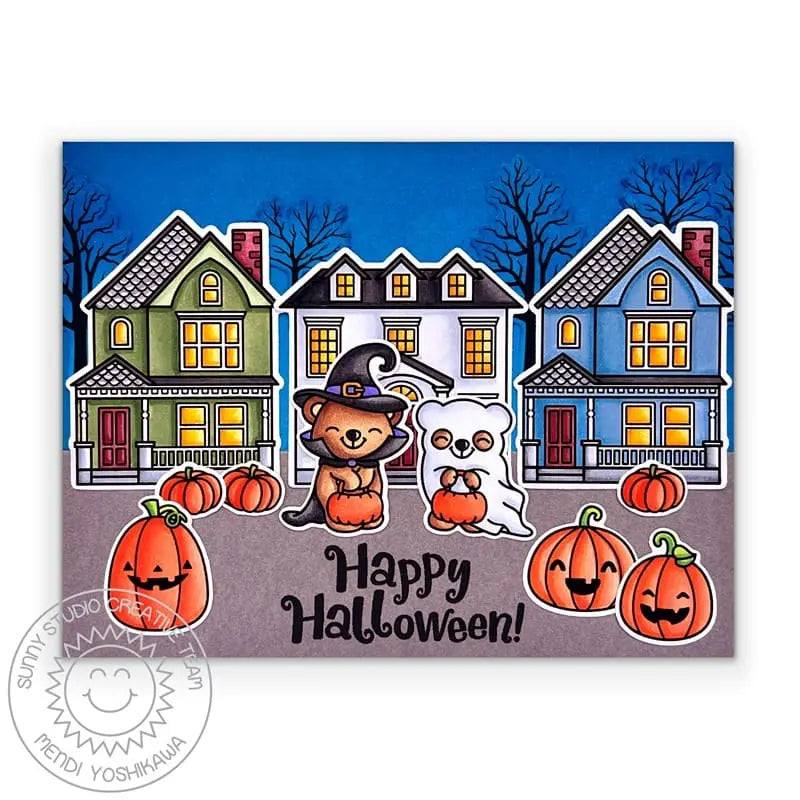 Sunny Studio Costumed Critters Trick or Treating in Neighborhood Halloween House Card (using Happy Home 4x6 Clear Stamps)