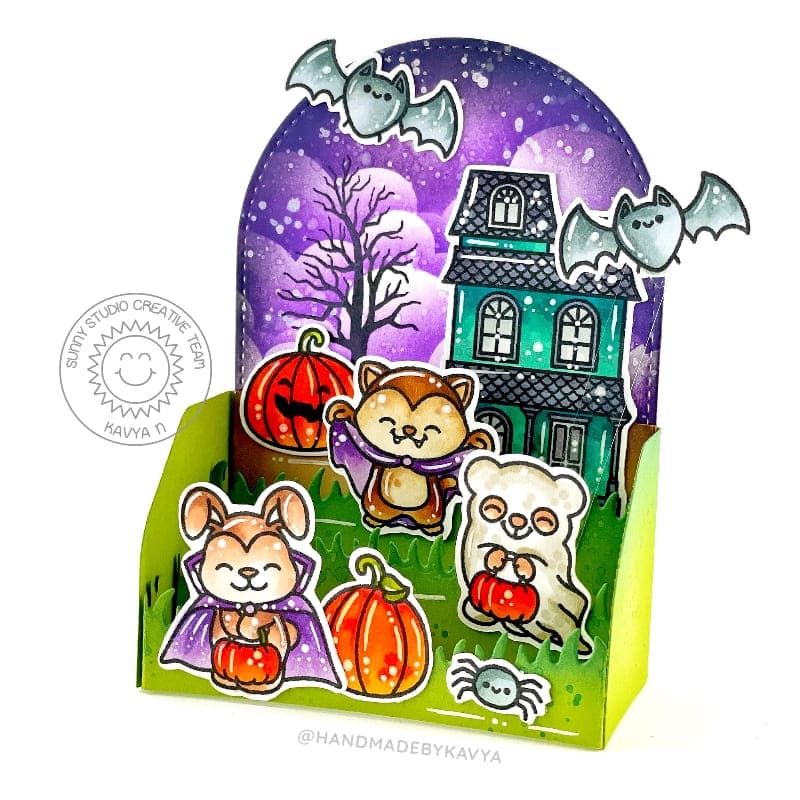 Sunny Studio Costumed Critters with Haunted House Trick or Treat Pop-up Halloween Card using Too Cute Too Spook Clear Stamps