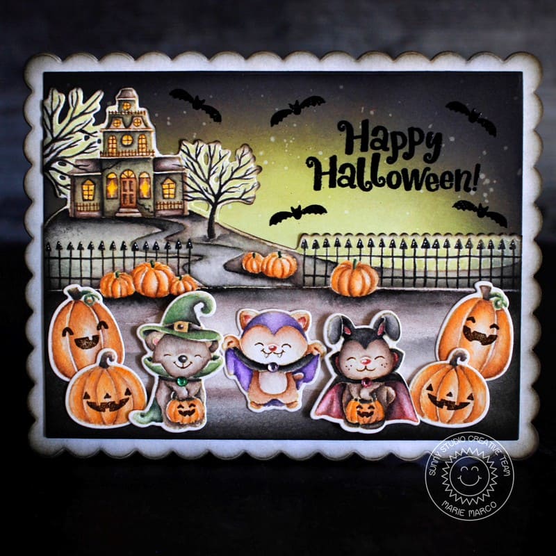 Sunny Studio Stamps Took Cute To Spook Halloween Critters, Haunted House & Pumpkins Watercolor No-Line Coloring Scallop Card