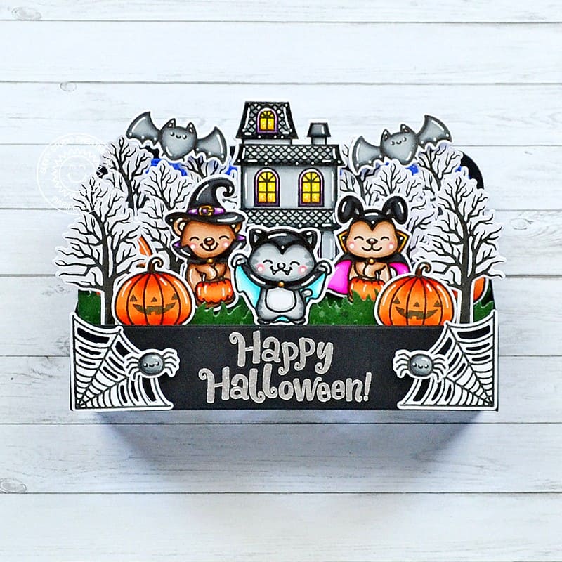 Sunny Studio Halloween Critters, Haunted House, Pumpkins, Spider Web & Bats Pop-up Box Card using Too Cute To Spook Stamps
