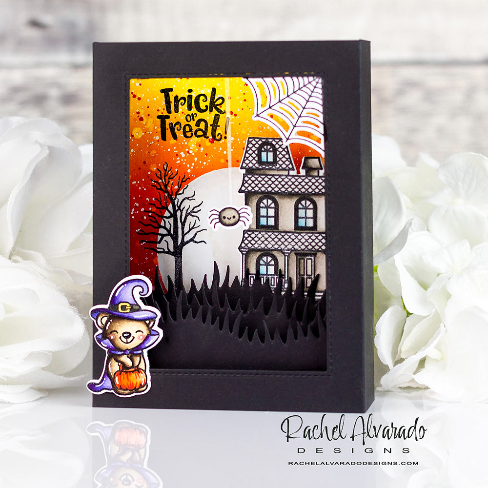 Sunny Studio Trick or Treat Bear Witch & Haunted House Halloween Shadow Box Card (using Too Cute To Spook 4x6 Clear Stamps)