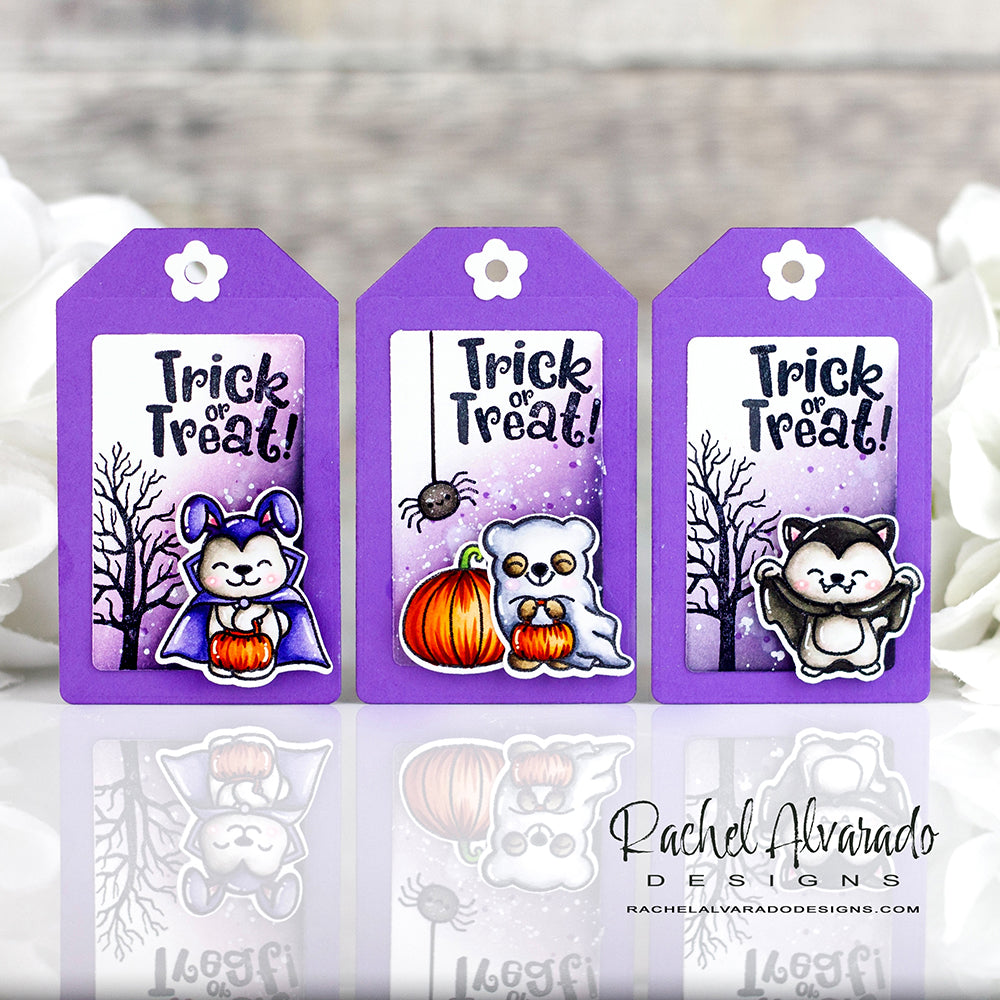 Sunny Studio Trick or Treat Halloween Costumed Critters Gift Tags (using Too Cute To Spook 4x6 Clear Stamps)