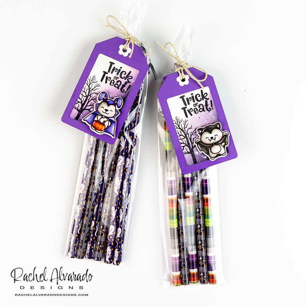 Sunny Studio Trick or Treat Halloween Critter Gift Tags on Pencil Treat Bags (using Too Cute To Spook 4x6 Clear Stamps)