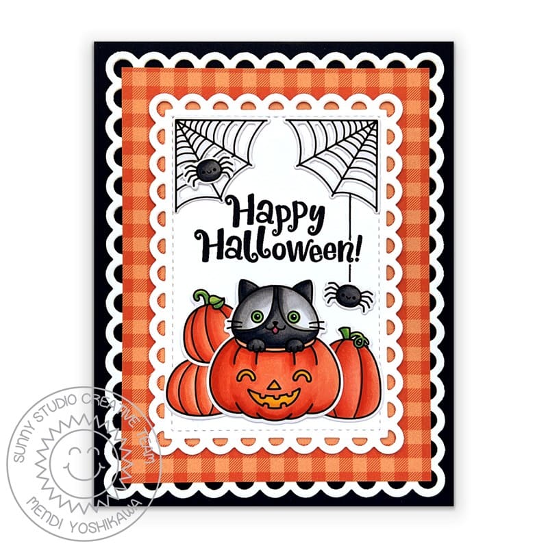 Sunny Studio Spider Web with Kitty Cat in Pumpkin Scalloped Halloween Card (using Too Cute To Spook 4x6 Clear Stamps)