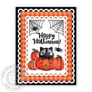 Sunny Studio Spider Web & Kitty in Pumpkin Scalloped Orange Checked Halloween Card (using Scaredy Cat 4x6 Clear Stamps)
