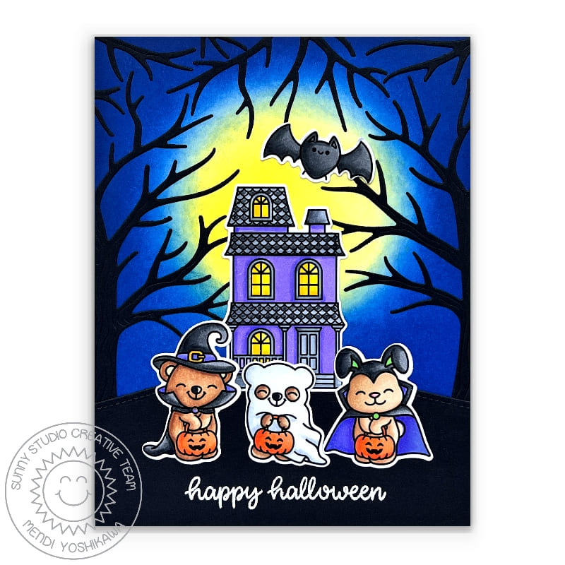 Sunny Studio Critters in Costumes with Haunted House, Spooky Tree & Moon Halloween Card (using Too Cute To Spook Clear Stamps)