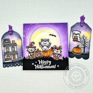 Sunny Studio Trick or Treat Costume Critters & Haunted House Halloween Card & Gift Tags using Too Cute To Spook Clear Stamps